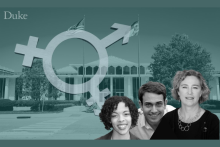Headshots of Sarah Wilson, Dane Whicker and Deanna Adkins; government building in background; overlay of combined gender symbol