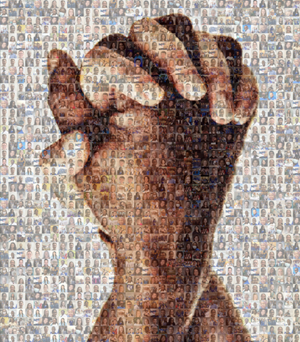 Two hands clasped, one White, one Black, with photo mosaic in background. Art by Sydney Mitchell.