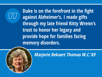 Quote from Marjorie Bekaert Thomas: Duke is on the forefront in the fight against Alzheimer’s. I made gifts through my late friend Kitty Wrenn’s trust to honor her legacy and provide hope for families facing memory disorders.