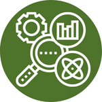 Research-related icons on green circle background