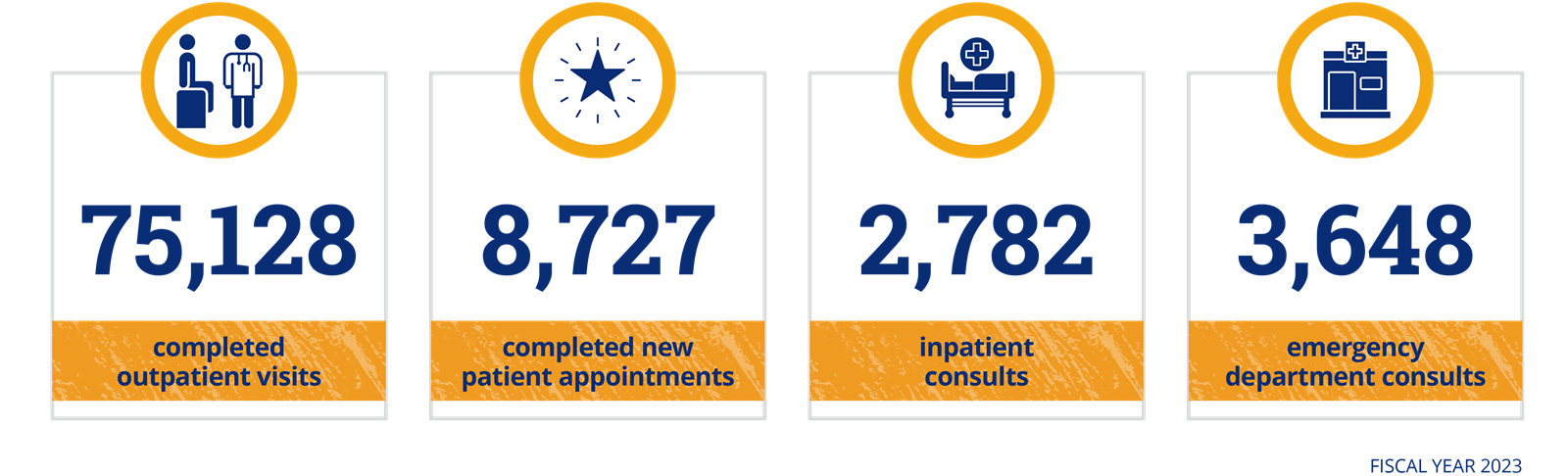 Infographic: 75,128 outpatient visits; 8,727 new patient visits; 2,782 inpatient consults; 3,648 emergency department consults