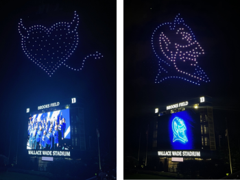 Blue Devil-themed light displays at Centennial event