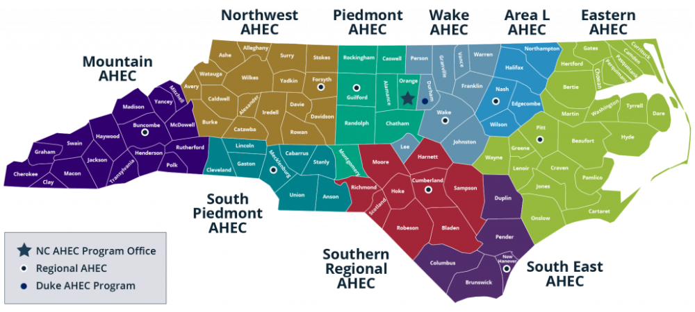 NC state map showing the nine AHEC regions