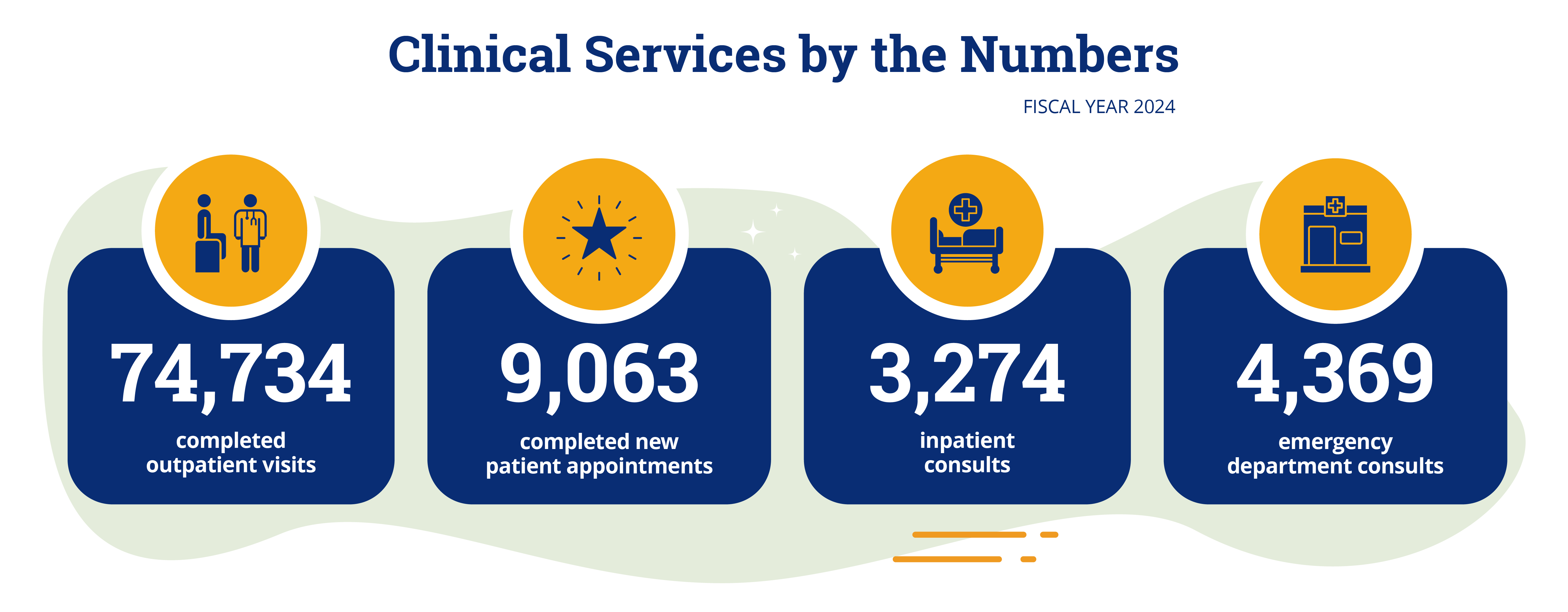 FY24  Completed outpatient visits:  74,734 Completed new patient appointments: 9,063 Inpatient consults:  3,274 Emergency Department consults:  4,369