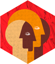 Illustration with different colored faces. Red background.