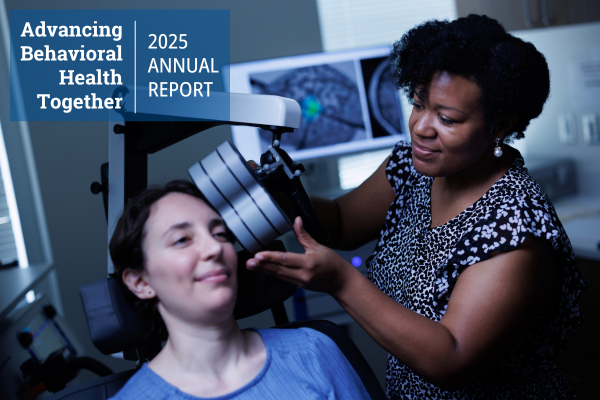 2025 annual report cover: Woman administering TMS to patient (staged).