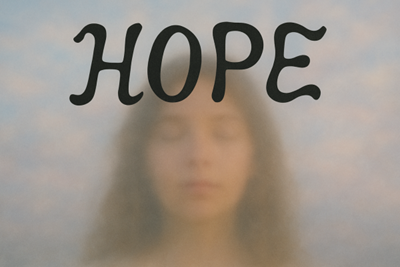 The word "HOPE" in black, with translucent image of woman in background