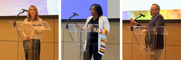 Leah Zullig, Crystal Tyson, and Joseph McClernon present at a research retreat.