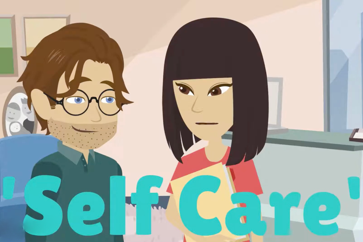 Image of Parents, in front of them there is a big caption saying "Self Care" 