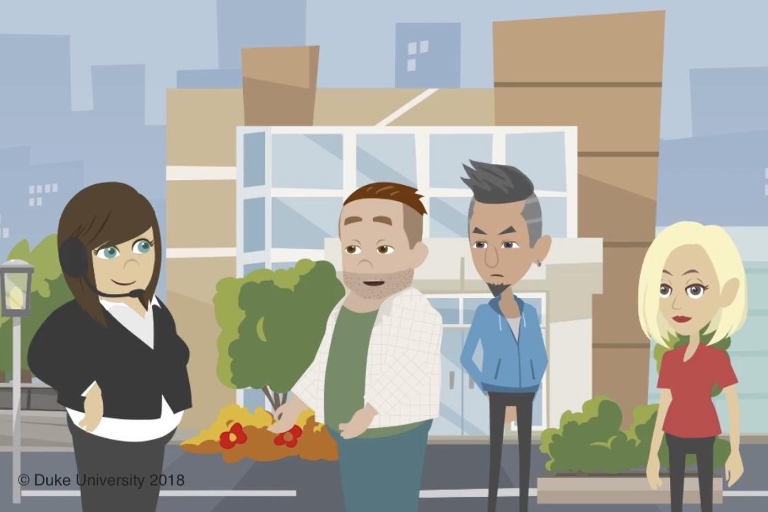 2 men and 1 woman is talking to a woman