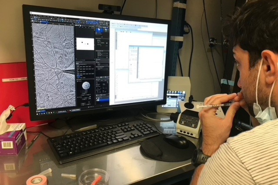 Alex Moghadam performing research using a computer