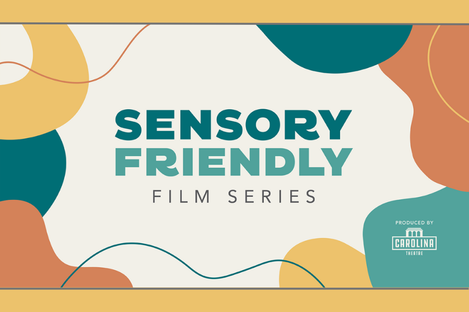 Sensory Friendly Film Series with abstract yellow, green, and orange shapes.