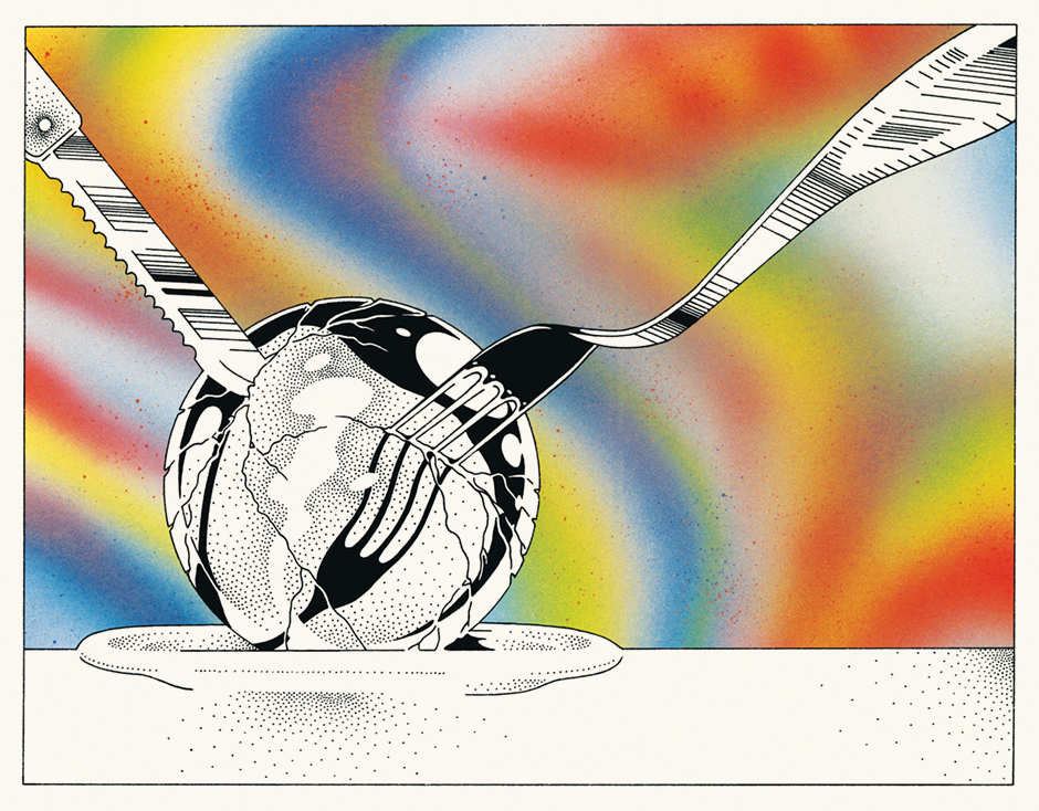 Utensils cutting into medal sphere with colorful background