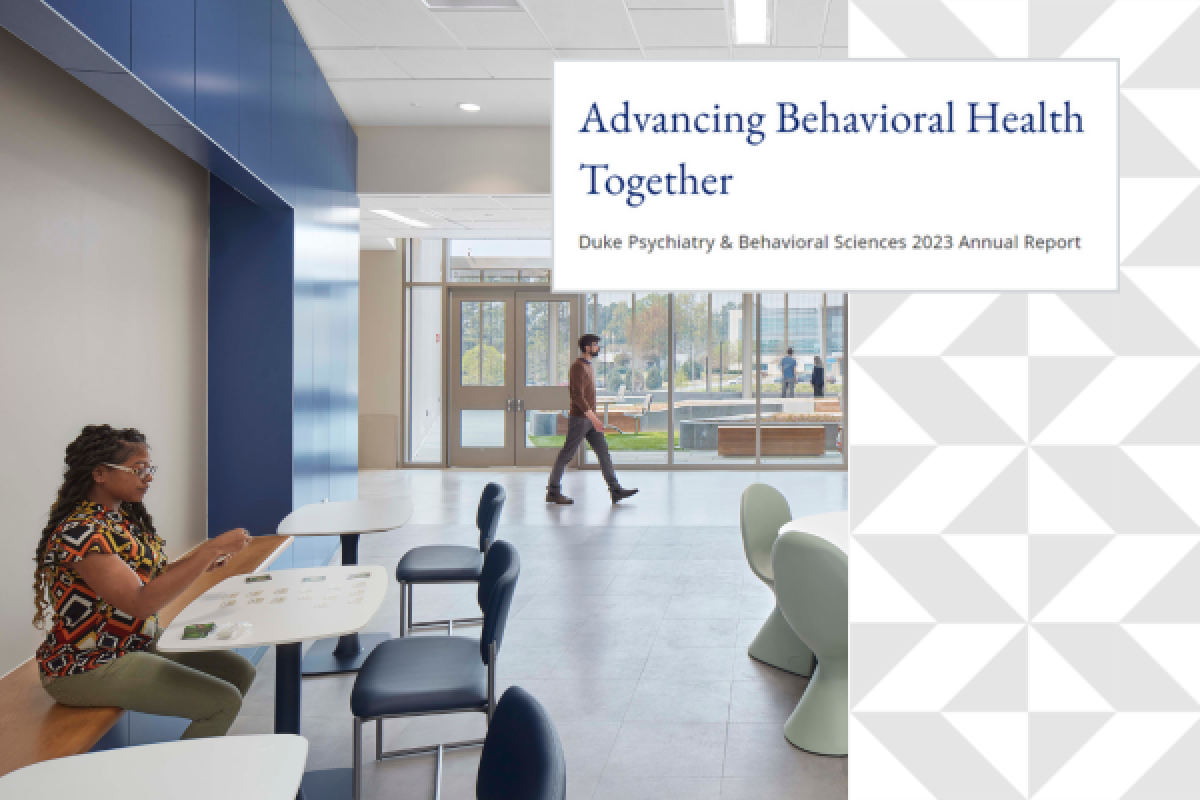 Landing page image of 2023 annual report - Woman sitting at table doing an activity; man walking in background