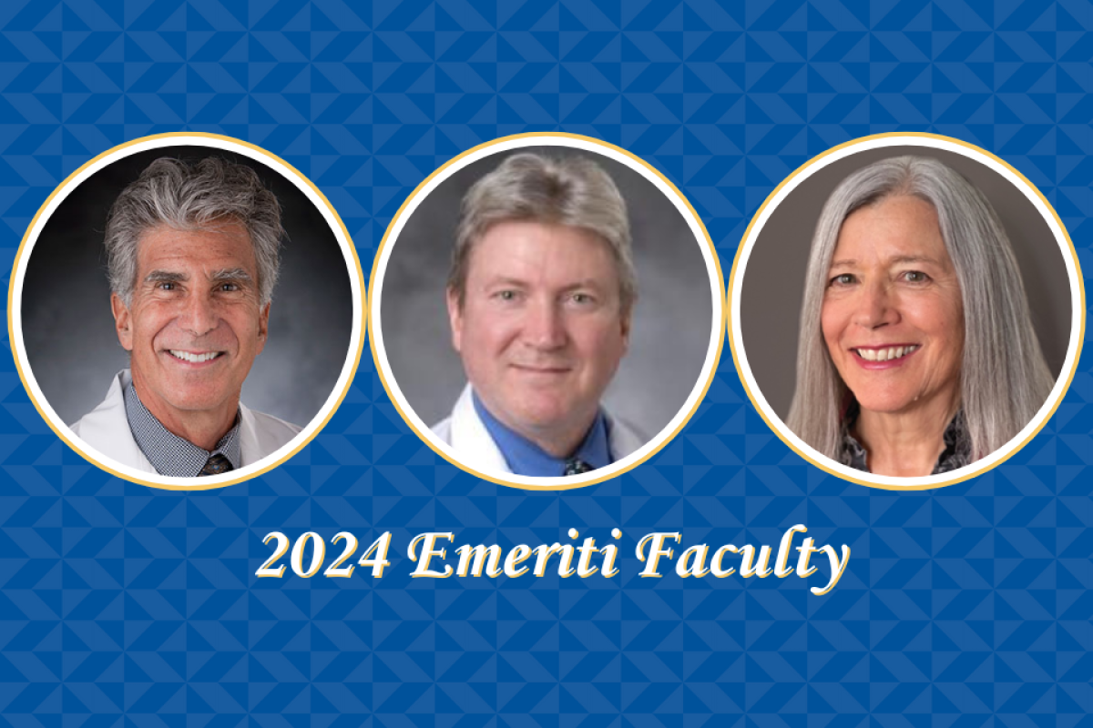 Headshots in circular frames: Blumenthal, Moore, Resick. Caption "2024 Emeriti Faculty"