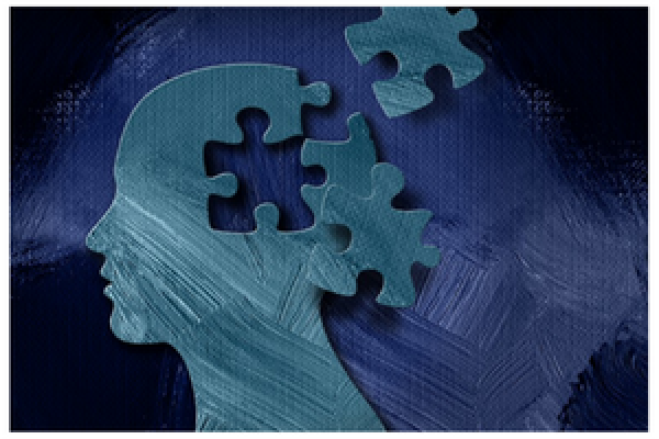 Illustration of silhouette with puzzle pieces in place of brain