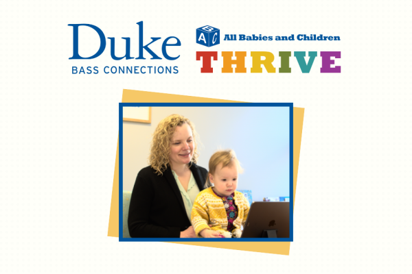 Logos - Duke Bass Connections, ABC Thrive. Image: Woman with Baby on Lap Looking at iPad Screen.