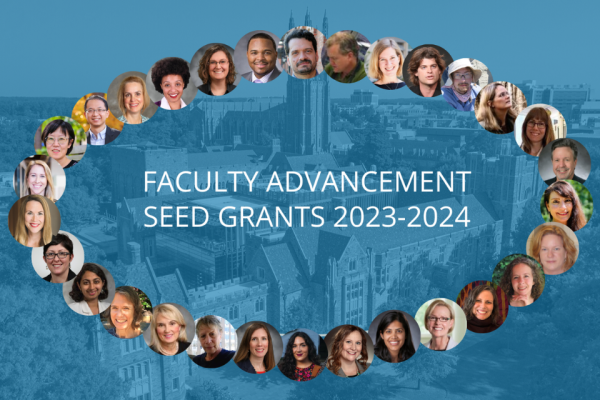 Faculty Advancement Seed Grants 2023-2024. Tiny headshots of grant winners in oval shape overlaid on semi-transparent image of Duke's campus