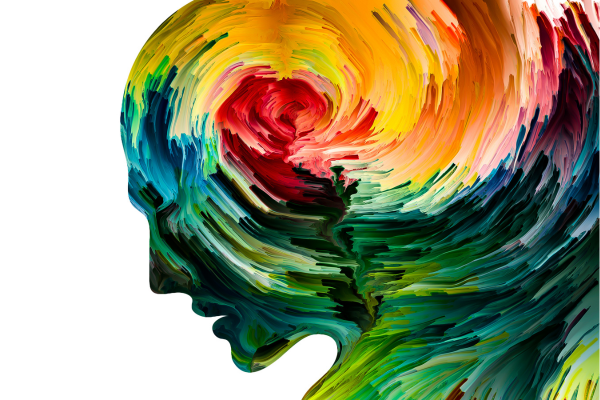 Painted silhouette of a head, colorful paints swirled around brain area