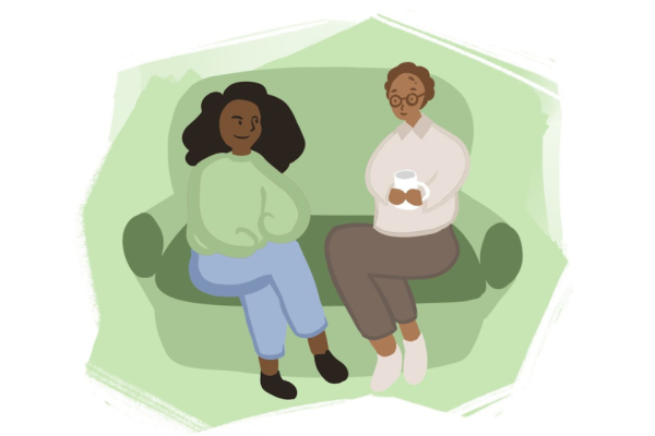 Illustration of two people talking with each other in a supportive conversation