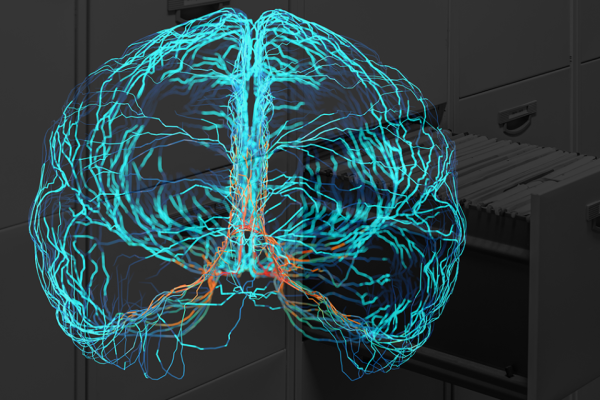 Illustration of brain overlaid on image of filing cabinet