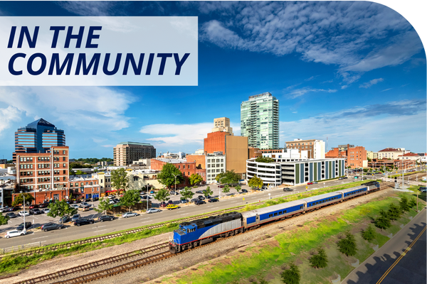Aerial view of Durham, NC, with bright blue sky. Text: In the Community.