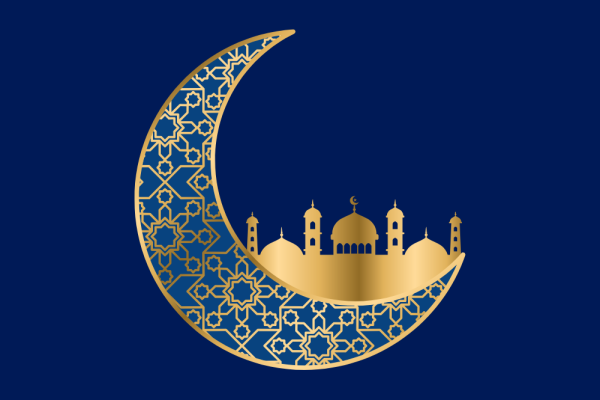 Dark blue background. Gold crescent moon filled with geometric design. Illustration of mosque in bottom curve of moon.
