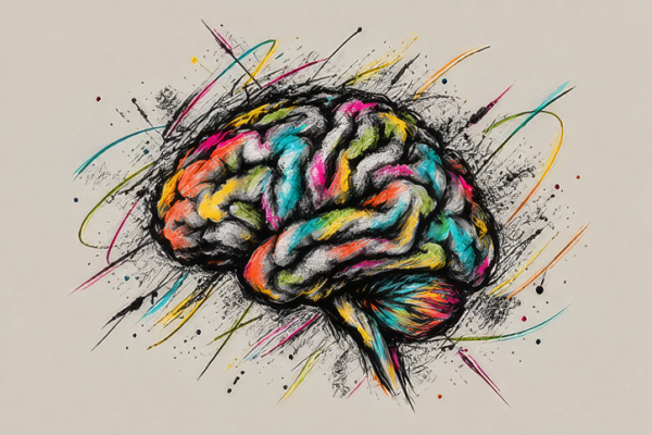 Outline of a brain with colorful squiggles