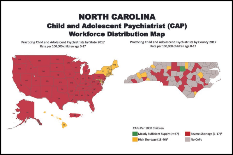 Child & Adolescent Psychiatrist Workforce Distribution Map for NC and US