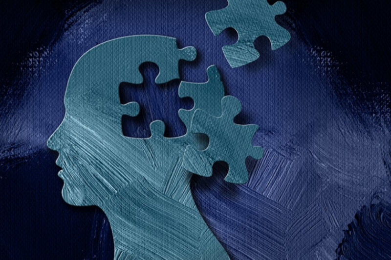 Illustration of head with puzzle pieces where brain would be