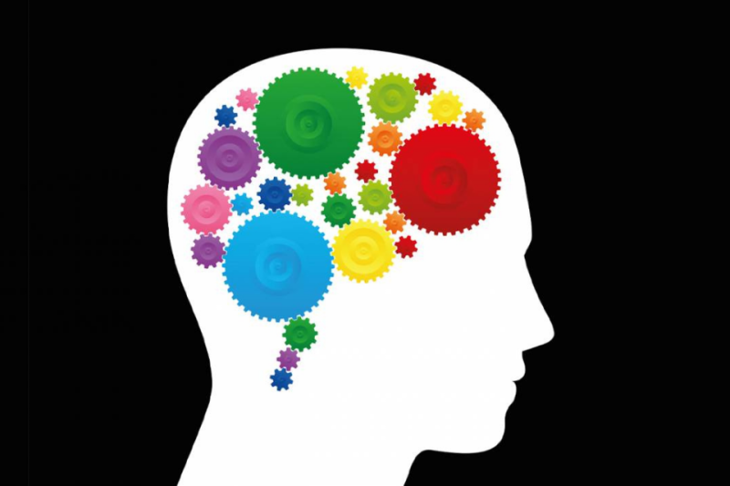 Silhouette of brain with colored gears
