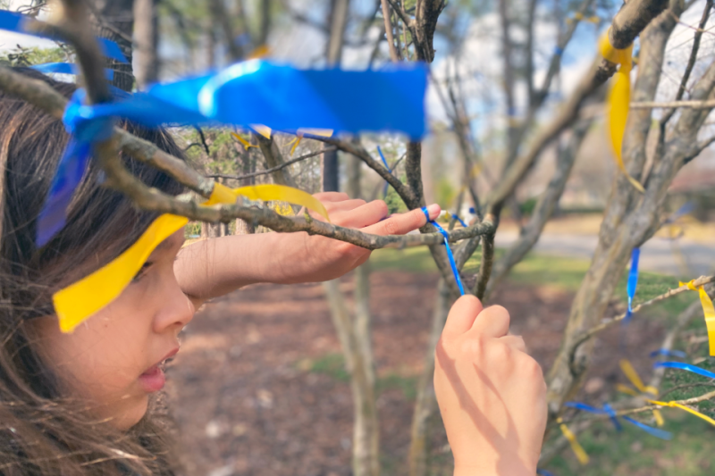 A young girl ties blue and yellow ribbons on a tree to show support for Ukrainians during the Russian invasion
