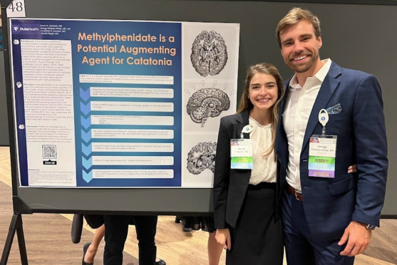 Med-Psych residents Sarah Eckstein, MD, and Greg Robbins-Welty, MD, present poster on “Methylphenidate is a Potential Augmenting Agent for Catatonia.” 