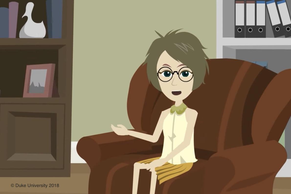 Woman sitting in an armchair, extending her hand to talk