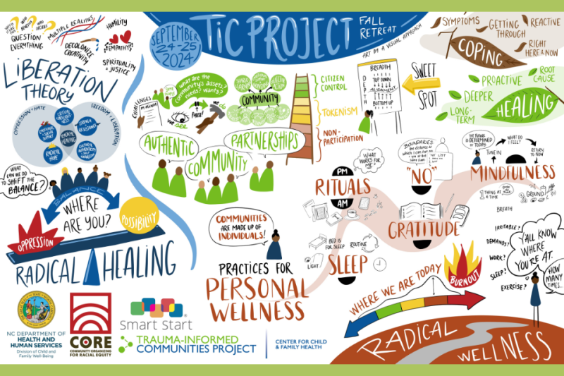 Visual illustration board from retreat - Radical Wellness & Community Partnerships