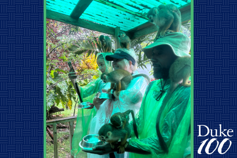 Zarrin (center), her daughter Timia (left), and her husband Tim (right) at a monkey sanctuary during feeding time in the Dominican Republic in October 2024.