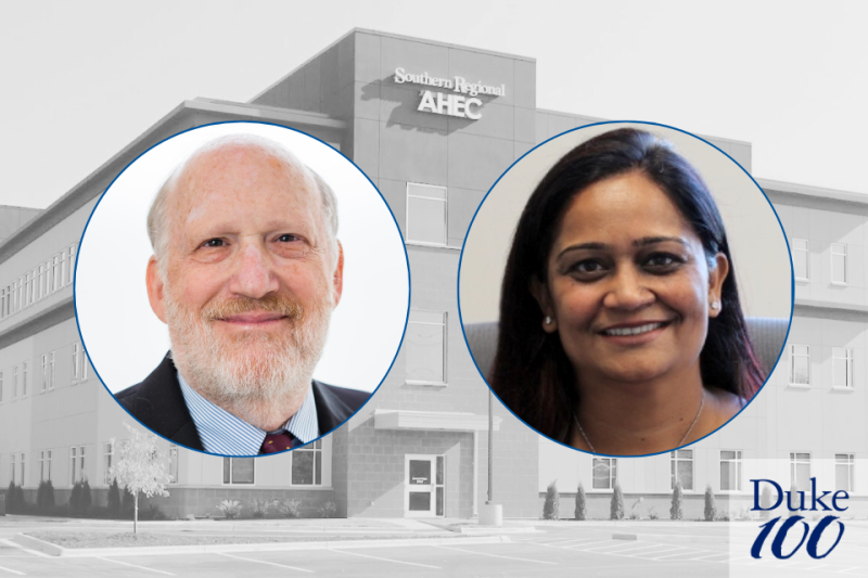 Background: Southern Regional AHEC building. Foreground: Marvin Swartz and Sushma Kapoor headshots. Duke 100 logo.