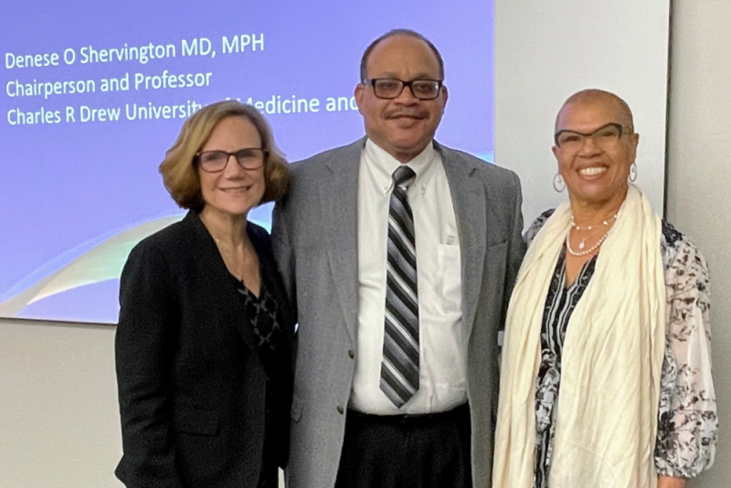 (From left) Department chair Moira Rynn, MD; Jay Carter, Jr., MHS, PA-C, assistant professor of neurosurgery and Dr. Carter's son; and Denese Shervington, MD, MPH, chair and professor of psychiatry at Charles R. Drew University of Medicine & Science.