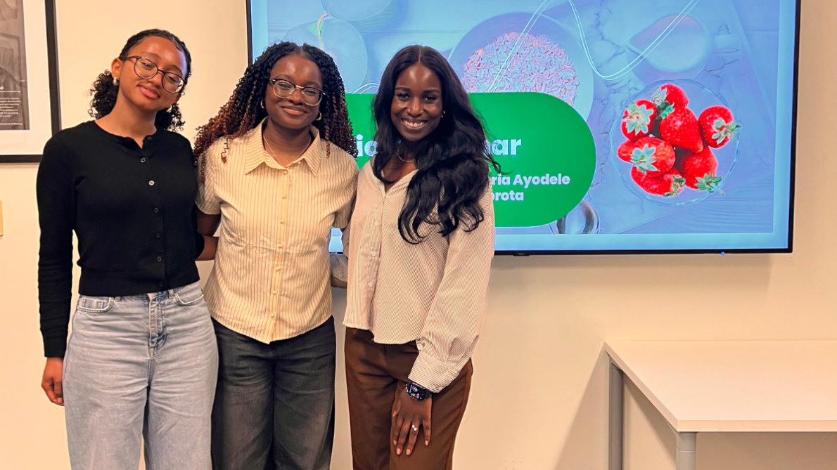 Project team members following the nutrition workshop. From left to right: Rizban Worota (logistics coordinator), Victoria Ayodele (nutrition workshop lead), and Linda Kerandi, MD (project director).