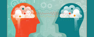 Vector illustration showing two heads with brain and connected with brain waves surrounded with gears and lot of different measuring elements .