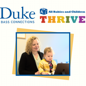Logos - Duke Bass Connections, ABC Thrive. Image: Woman with Baby on Lap Looking at iPad Screen.