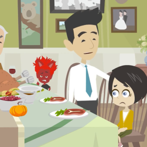 Family sitting at a dinner table. Boy has an uncomfortable expression on his face.