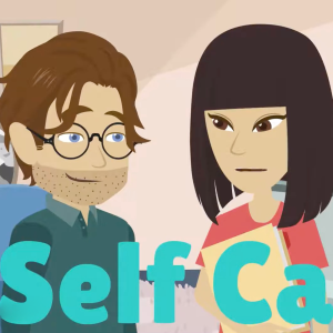 Image of Parents, in front of them there is a big caption saying "Self Care" 