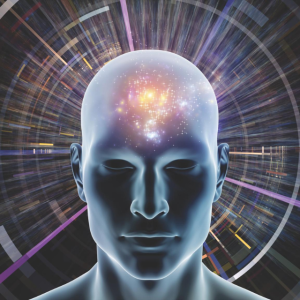 Illustration of human head with brain lit up. Light rays emanating from head.