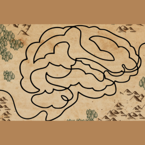 Line drawing of brain on weathered map background