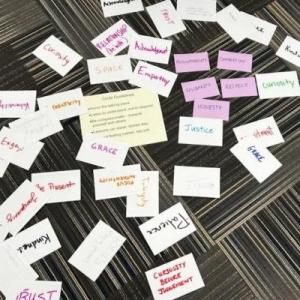 Cards with words laid across the floor for a group activity