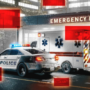 AI-generated image of police car and ambulance in front of hospital emergency room