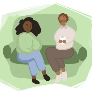 Illustration of two people talking with each other in a supportive conversation