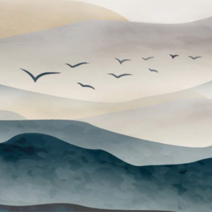 Teal blue and beige watercolor landscape with birds flying across; visual excerpt from Warren Kinghorn's book cover