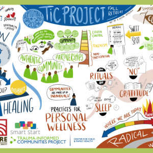 Visual illustration board from retreat - Radical Wellness & Community Partnerships
